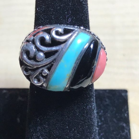 Turquoise, onyx, and coral ring - Picture 1 of 4